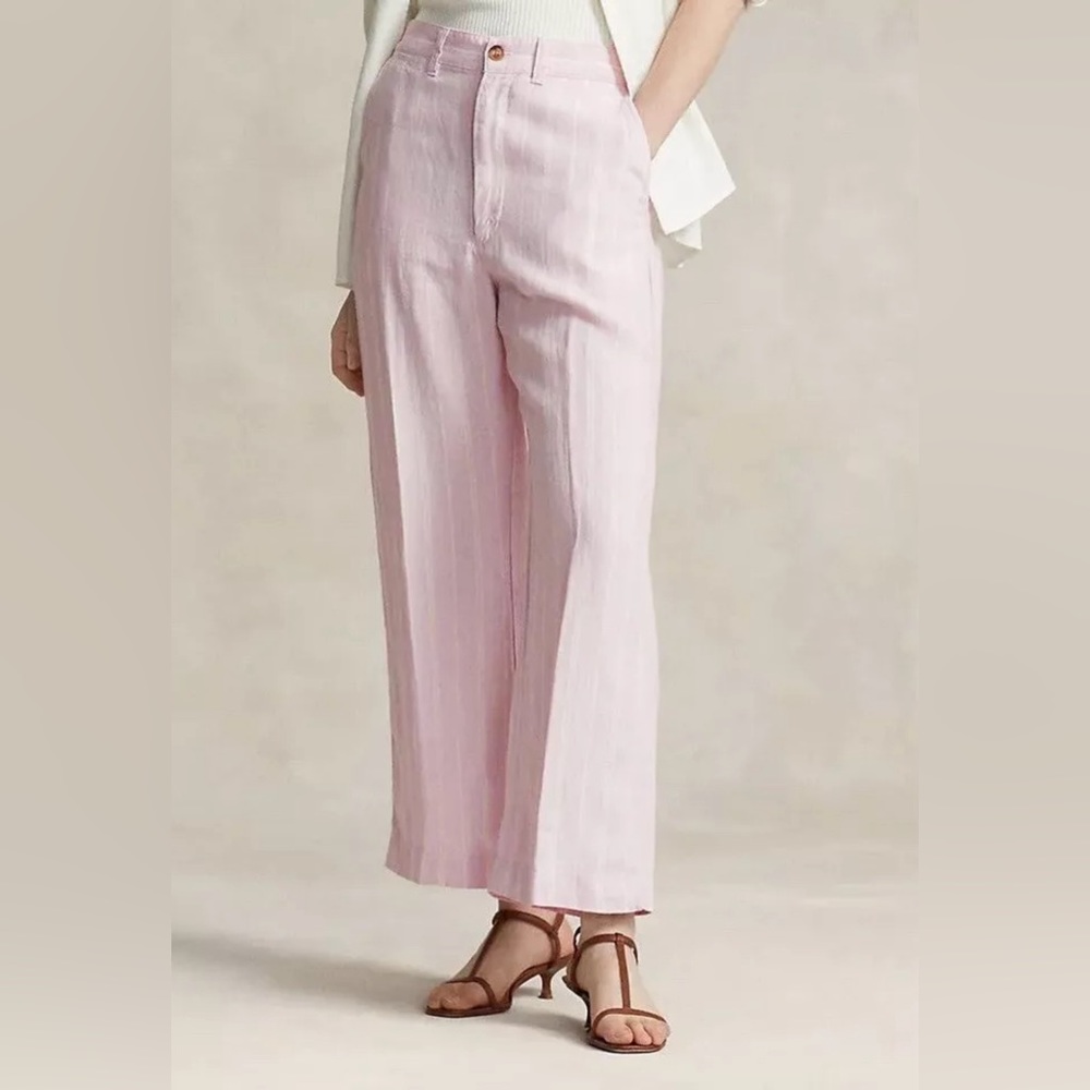 Polo Ralph Lauren Striped Wide leg Cropped linen trousers Pants Lavender Size 10